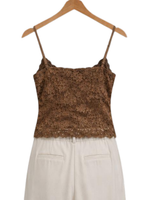 Brown Lace Top & Cream Wide-Leg Pants Set