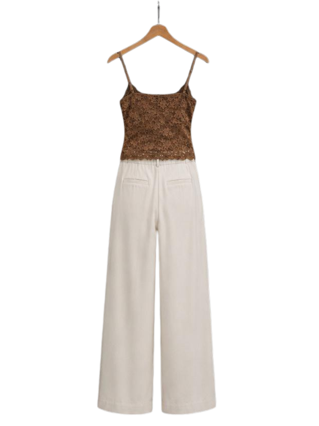 Brown Lace Top & Cream Wide-Leg Pants Set