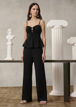 Black Keyhole Peplum Top & Wide-Leg Pants Set
