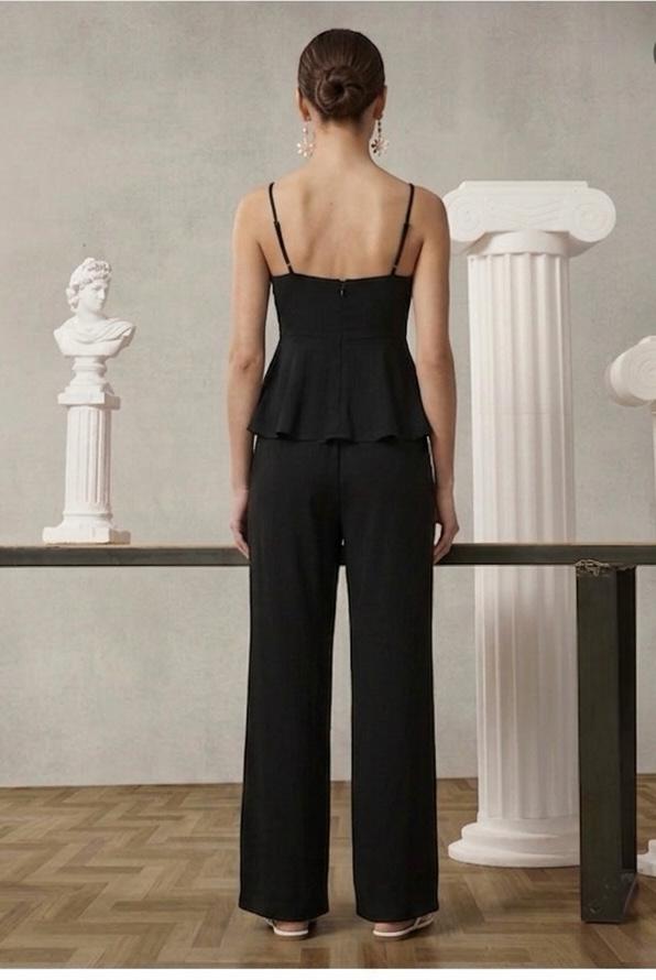 Black Keyhole Peplum Top & Wide-Leg Pants Set