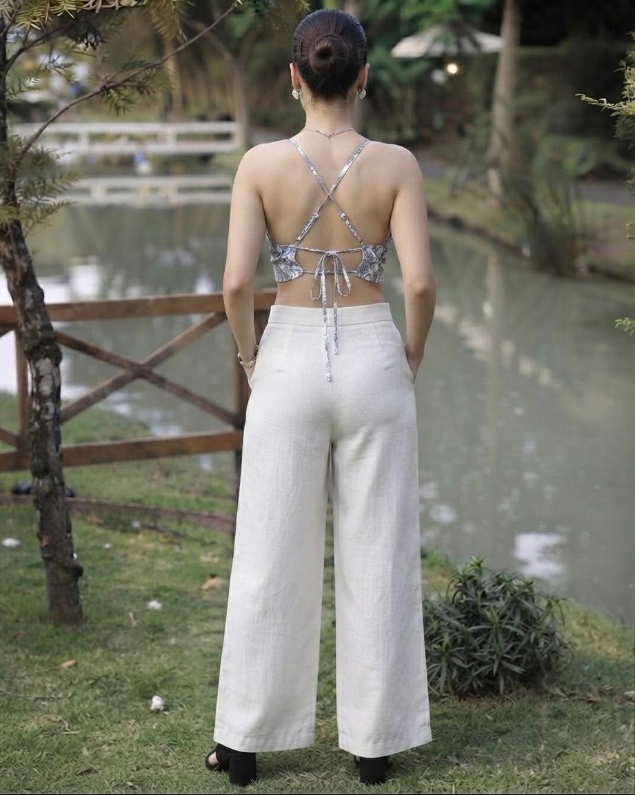 Blue Floral Crop Top & White Linen Pants Set