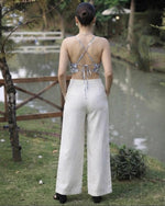 Blue Floral Crop Top & White Linen Pants Set