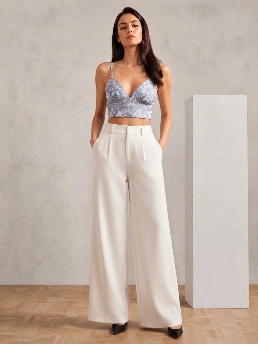 Blue Marble Crop Top & White Wide-Leg Pants Set