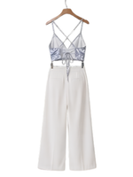Blue Marble Crop Top & White Wide-Leg Pants Set