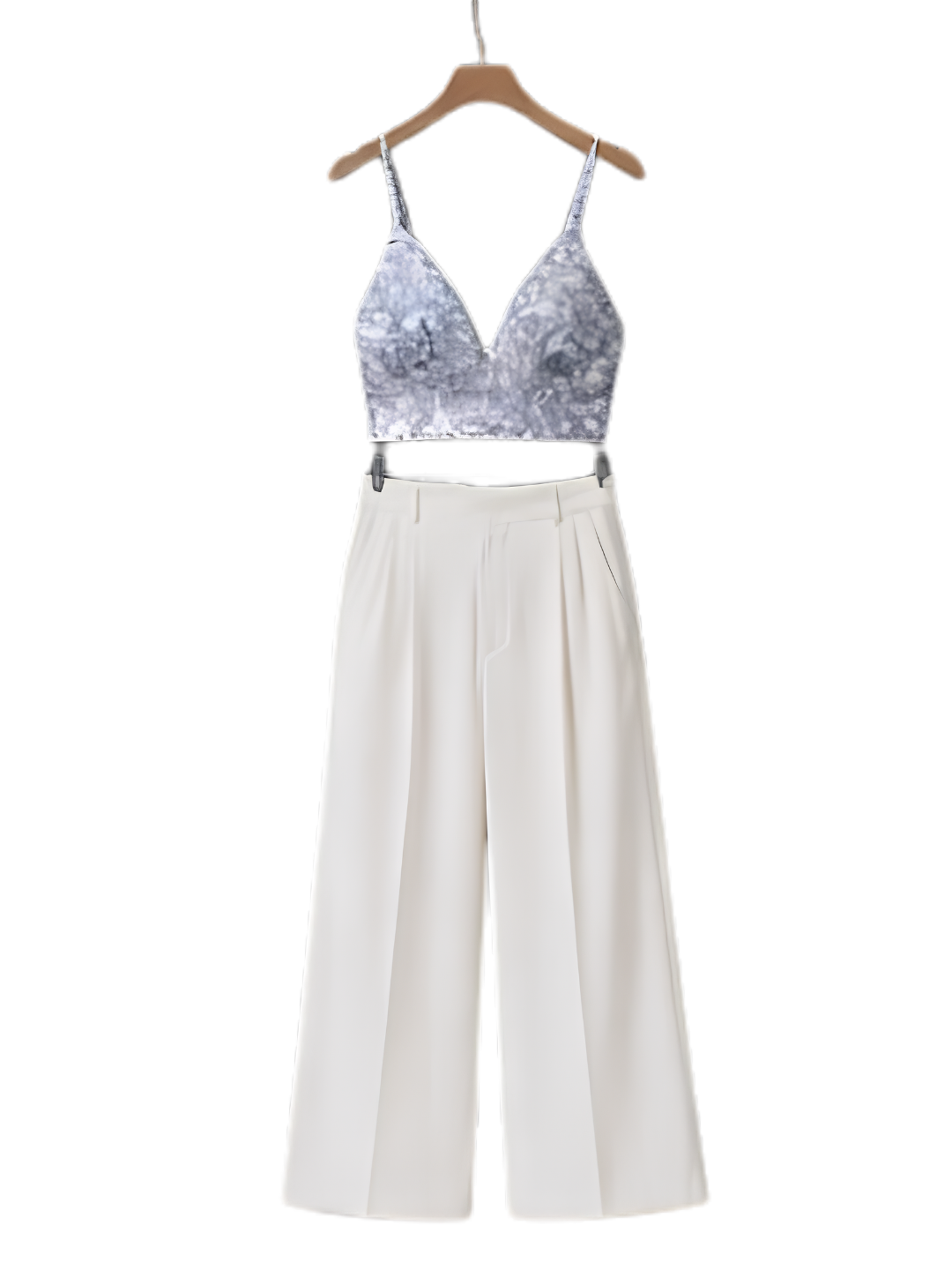 Blue Marble Crop Top & White Wide-Leg Pants Set