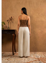 Brown Lace Top & Cream Wide-Leg Pants Set