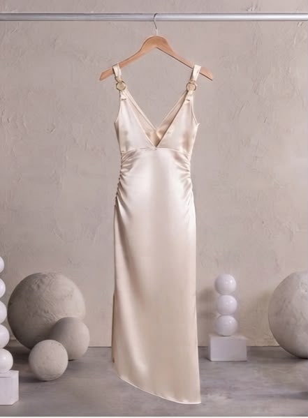 Champagne Satin Ruched Midi Dress