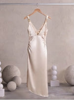 Champagne Satin Ruched Midi Dress