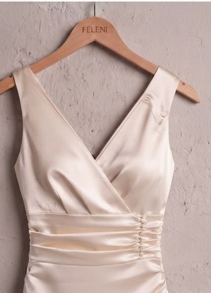 Champagne Satin Ruched Midi Dress