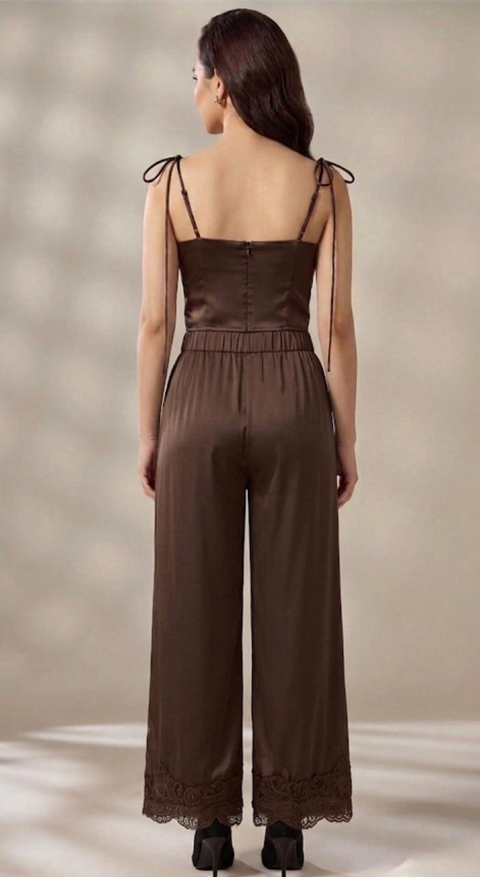 Chocolate Satin Corset & Wide-Leg Lace Trouser Set