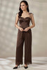Chocolate Satin Corset & Wide-Leg Lace Trouser Set