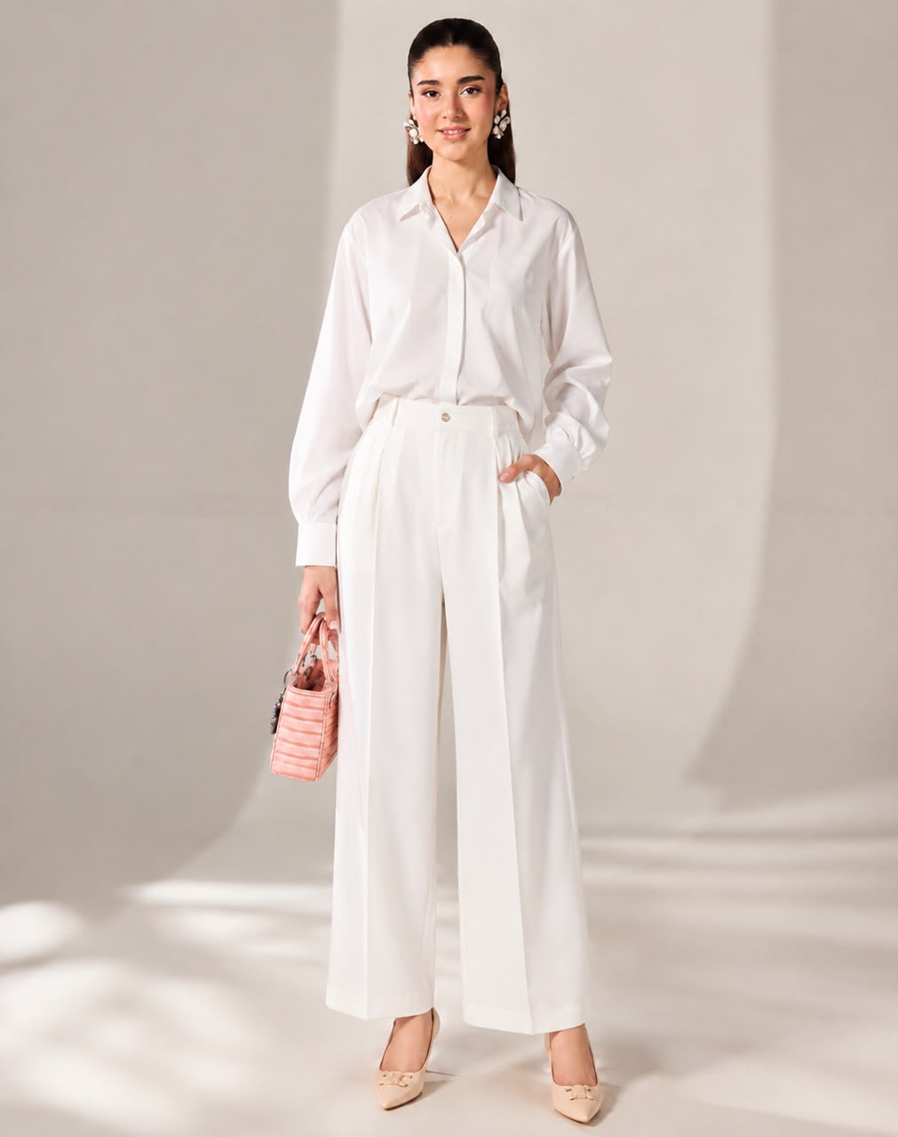 Classic White Satin Shirt & Wide-Leg Pants Set