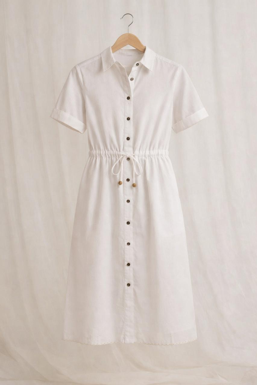 Cotton Drawstring Shirt Dress with Eyelet Hem