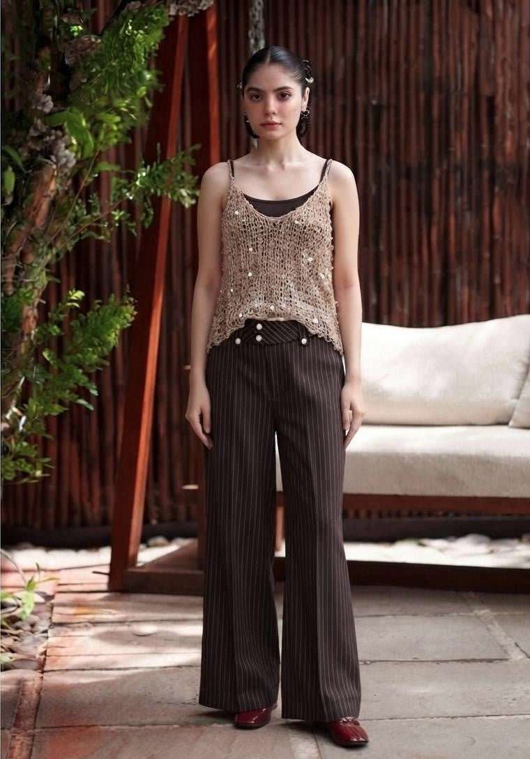 Crochet Knit Tank Top & Pinstripe Pants Set
