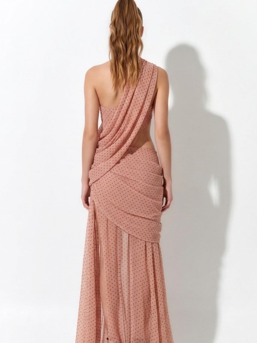 Draped One-Shoulder Polka Dot Maxi Dress