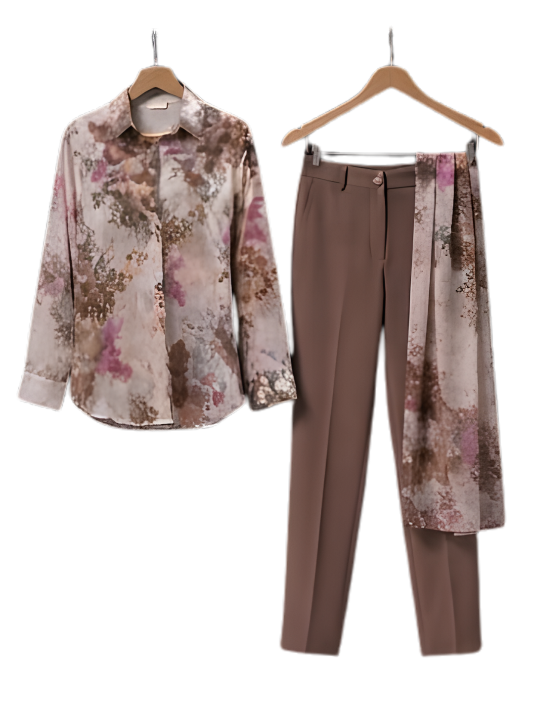 Earthy Brown Floral Silk Shirt & Trouser Set with Dupatta