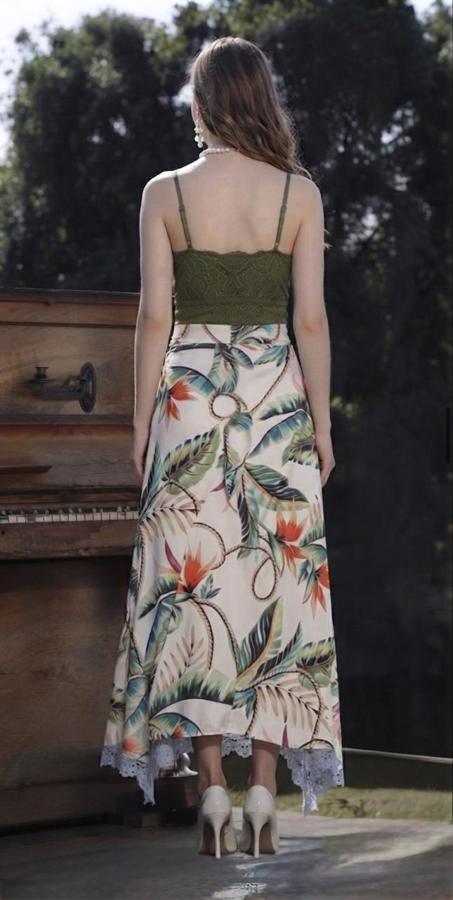 Green Lace Top & Tropical Maxi Skirt Set