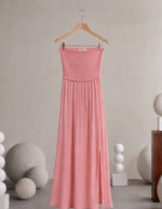 Rose Pink Smocked Strapless Maxi Dress