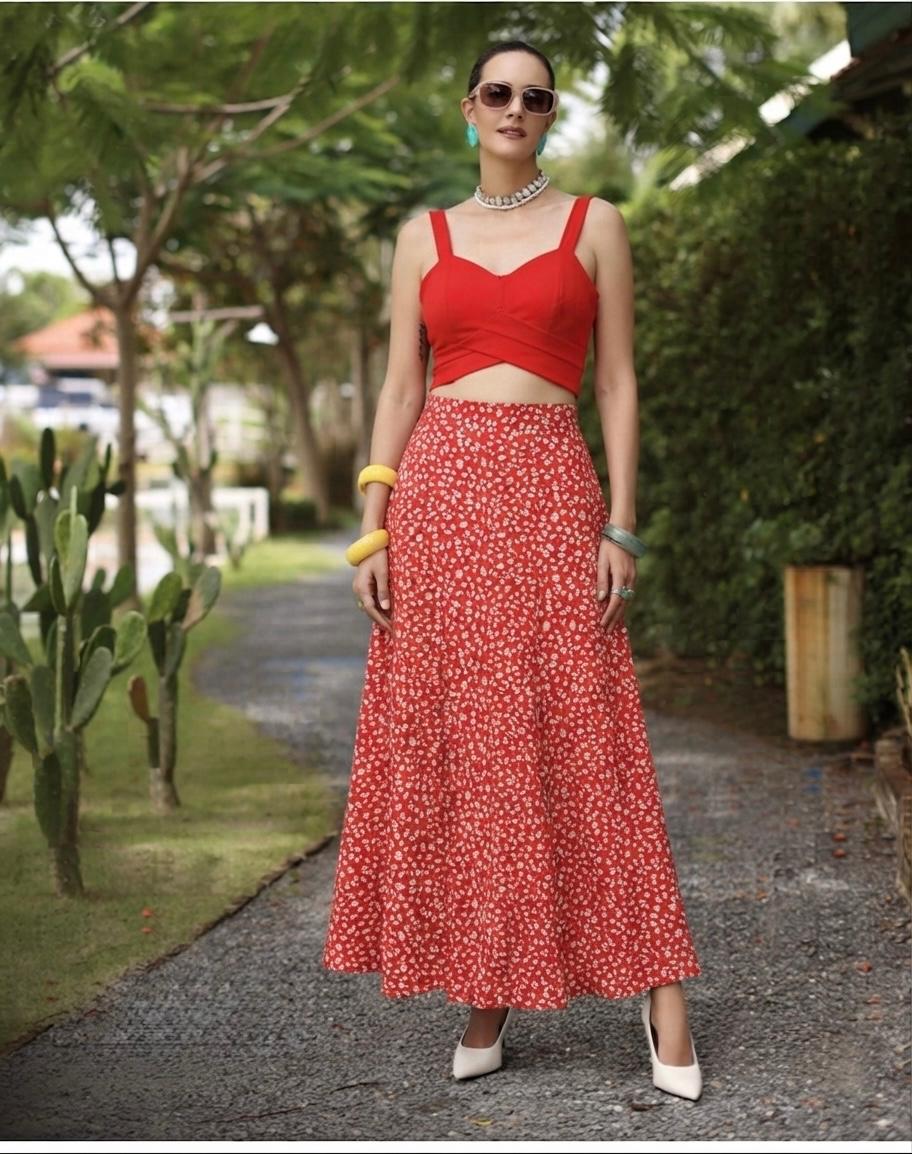 Valencia Red Floral Two-Piece Maxi Skirt & Crop Top Set