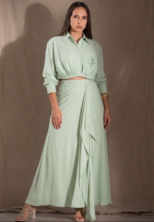 Sage Green Cropped Button-Down Shirt & Matching Ruffled Maxi Skirt