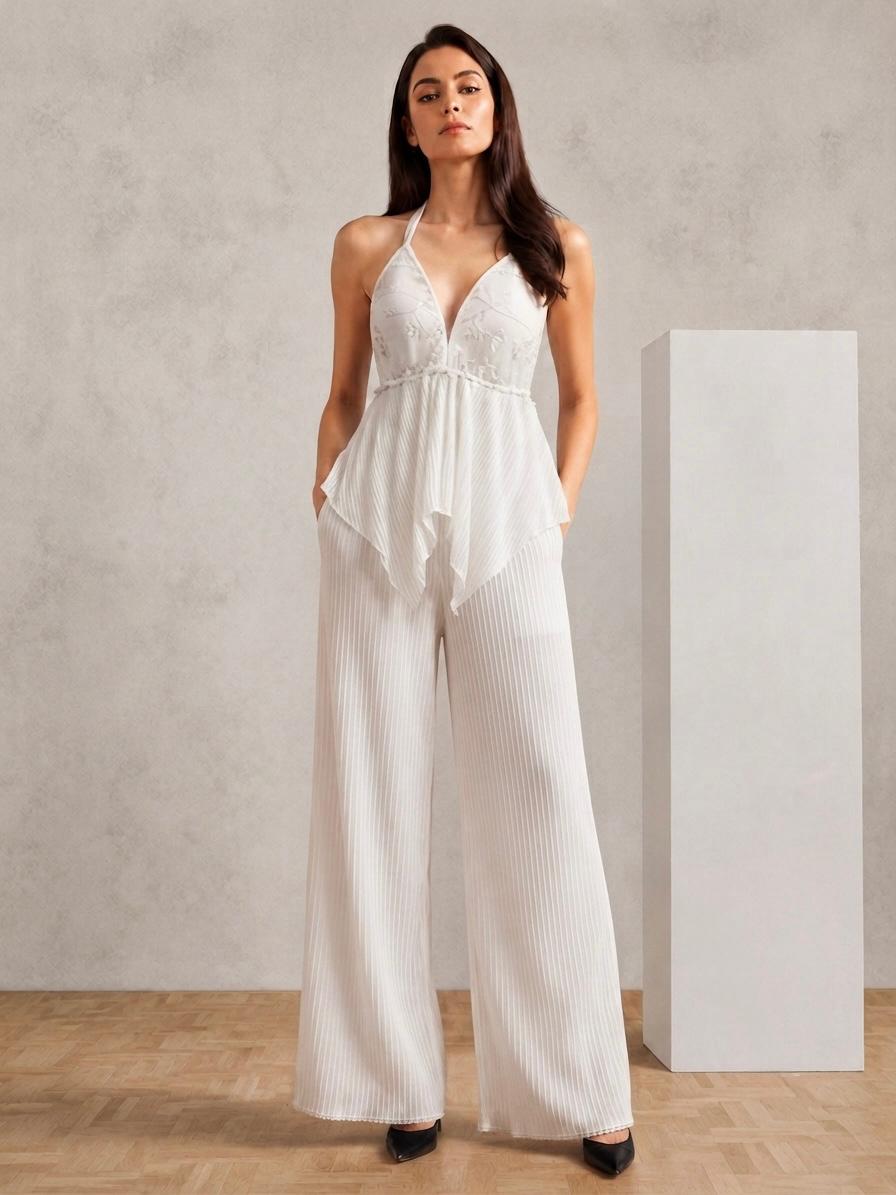 White Pleated Halter Top & Wide-Leg Pants Set