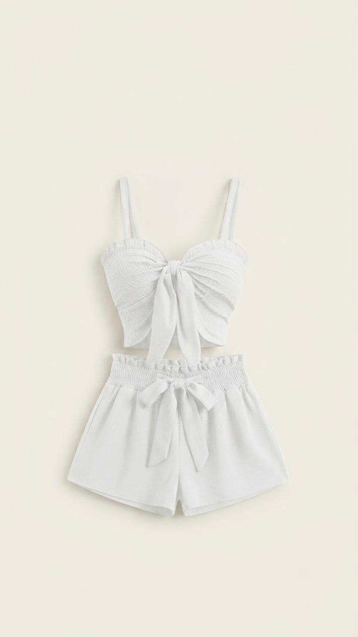 White Tie-Front Crop Top & Smocked Shorts Set