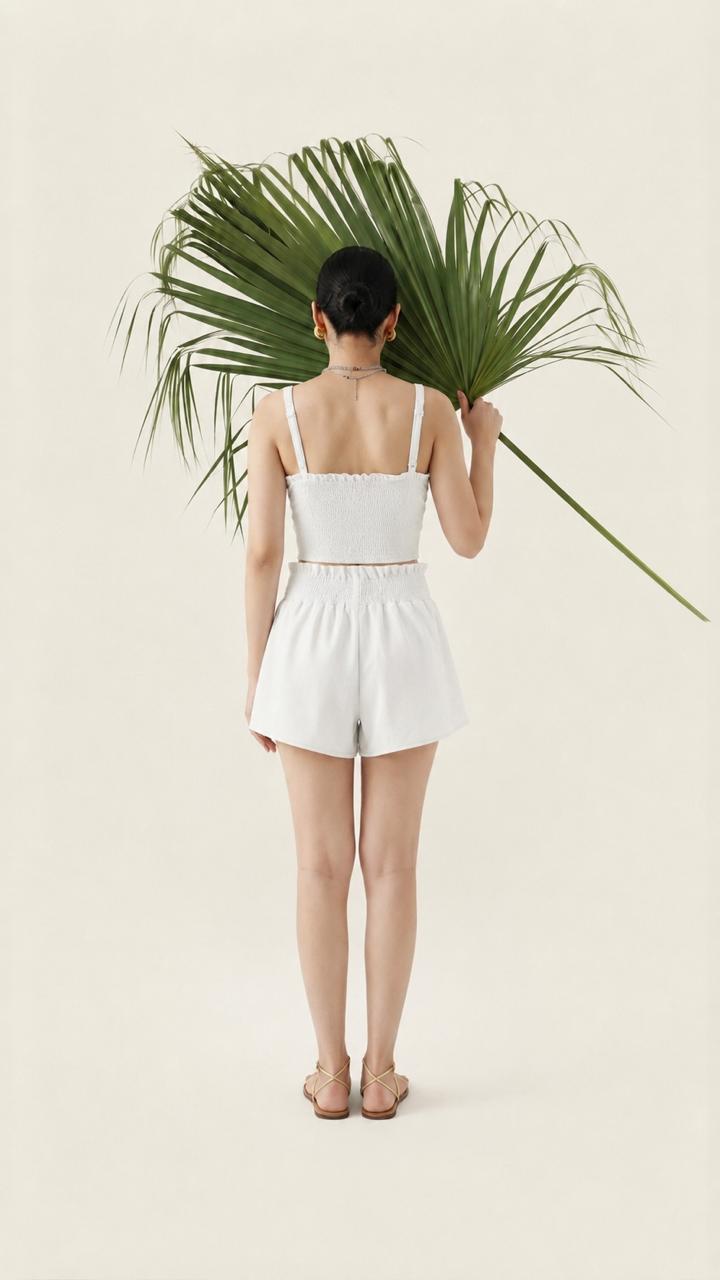 White Tie-Front Crop Top & Smocked Shorts Set