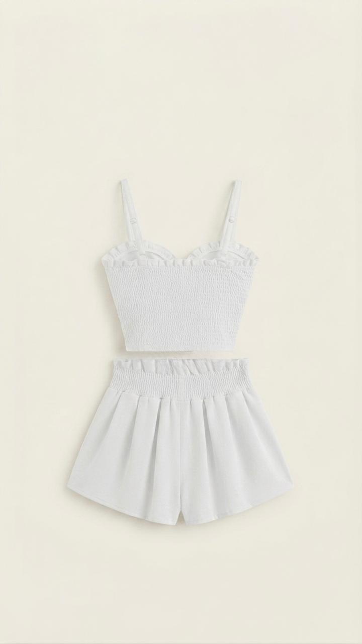 White Tie-Front Crop Top & Smocked Shorts Set