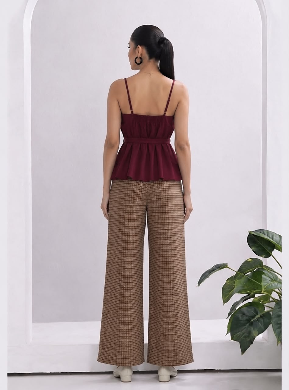 Wine Red Peplum Top & Plaid Wide-Leg Pants Set