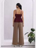 Wine Red Peplum Top & Plaid Wide-Leg Pants Set