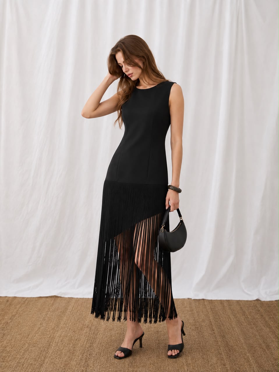 Feleni Sleeveless Asymmetric Fringe Midi Dress