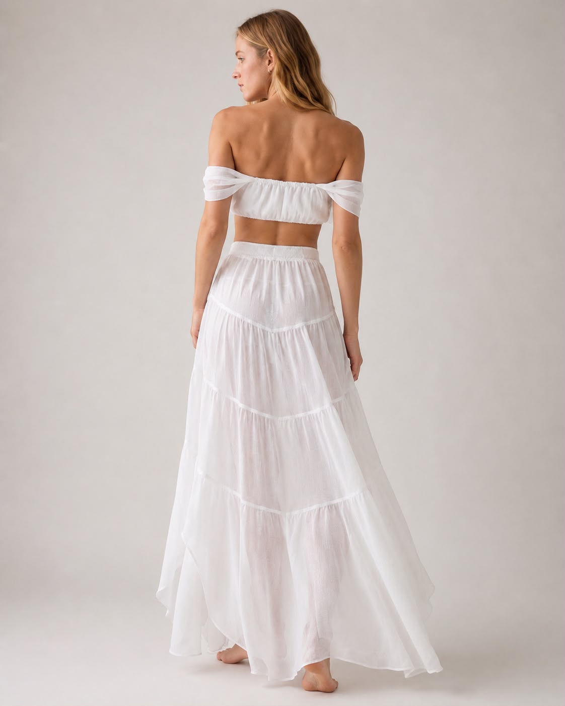 Feleni Off-Shoulder Chiffon Tiered Two-Piece Maxi Set