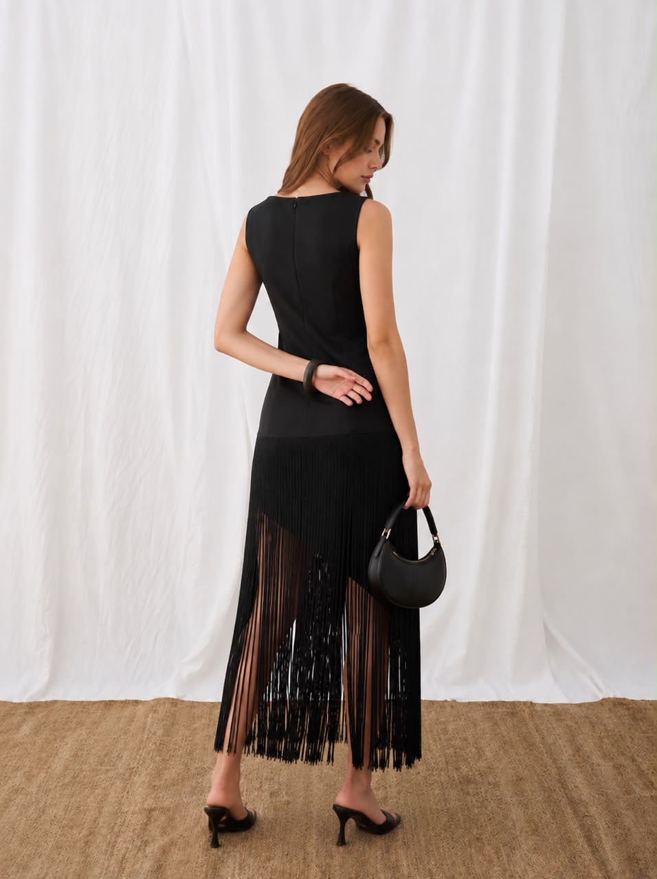 Feleni Sleeveless Asymmetric Fringe Midi Dress