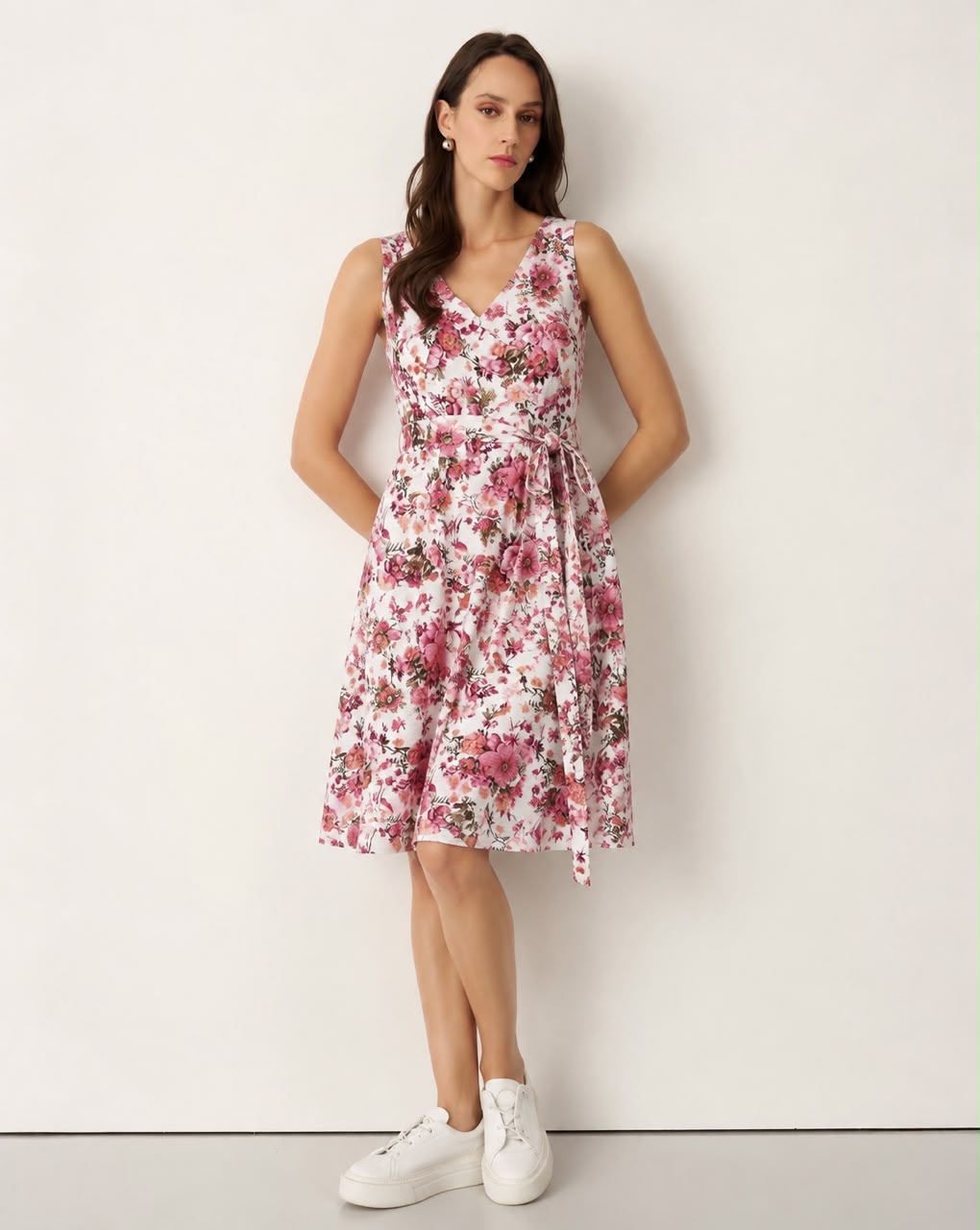 Fiori di Rosa V-Neck Sleeveless Midi Dress with Detachable Belt