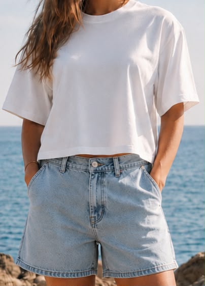 Organic Cotton Boxy Cropped Tee & High-Waisted Light Wash Denim Shorts