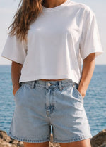 Organic Cotton Boxy Cropped Tee & High-Waisted Light Wash Denim Shorts