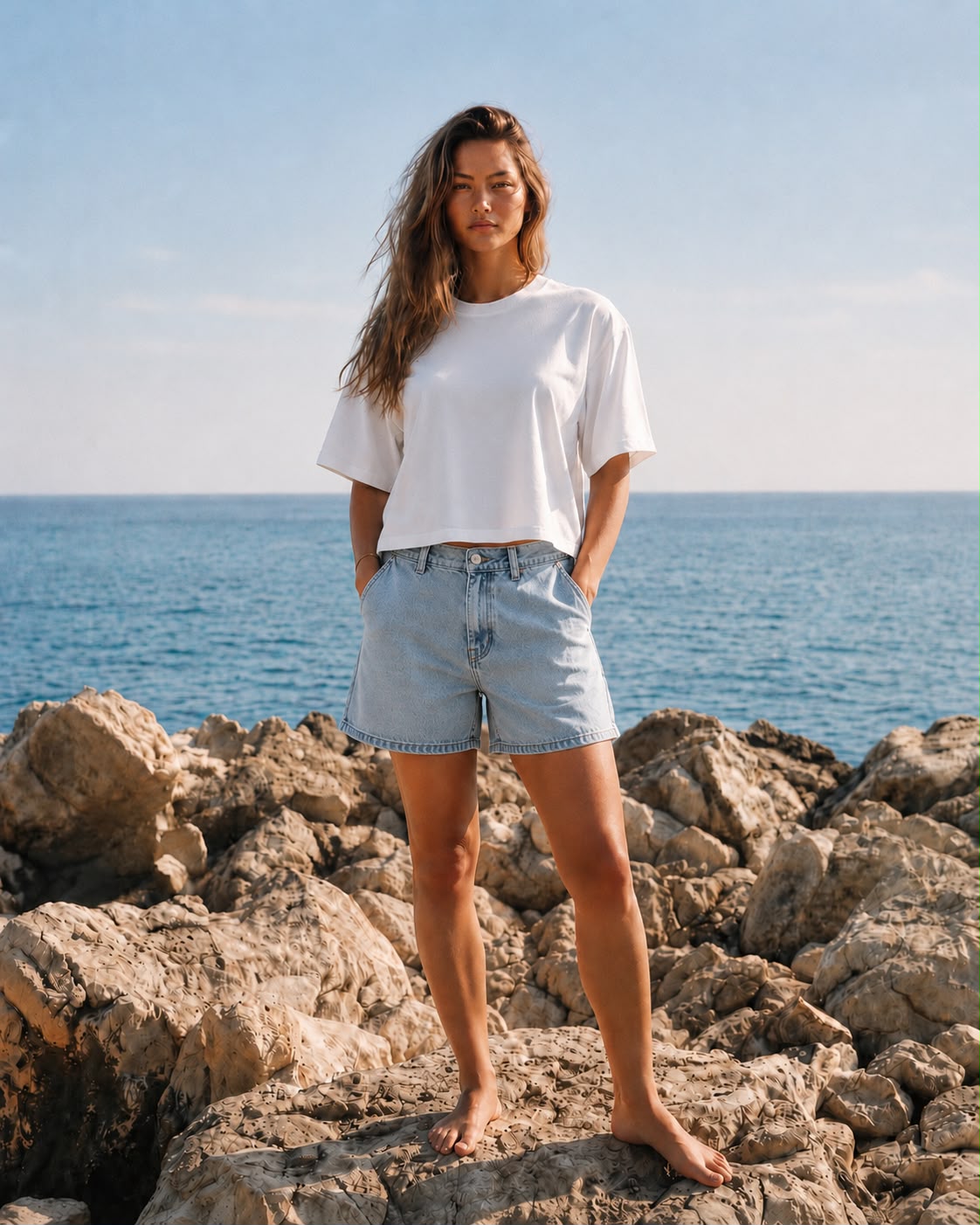 Organic Cotton Boxy Cropped Tee & High-Waisted Light Wash Denim Shorts