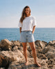 Organic Cotton Boxy Cropped Tee & High-Waisted Light Wash Denim Shorts