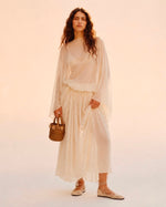 Ethereal Sheer Silk-Chiffon Kaftan & Pleated Maxi Skirt Set in Ivory