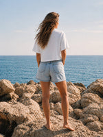 Organic Cotton Boxy Cropped Tee & High-Waisted Light Wash Denim Shorts