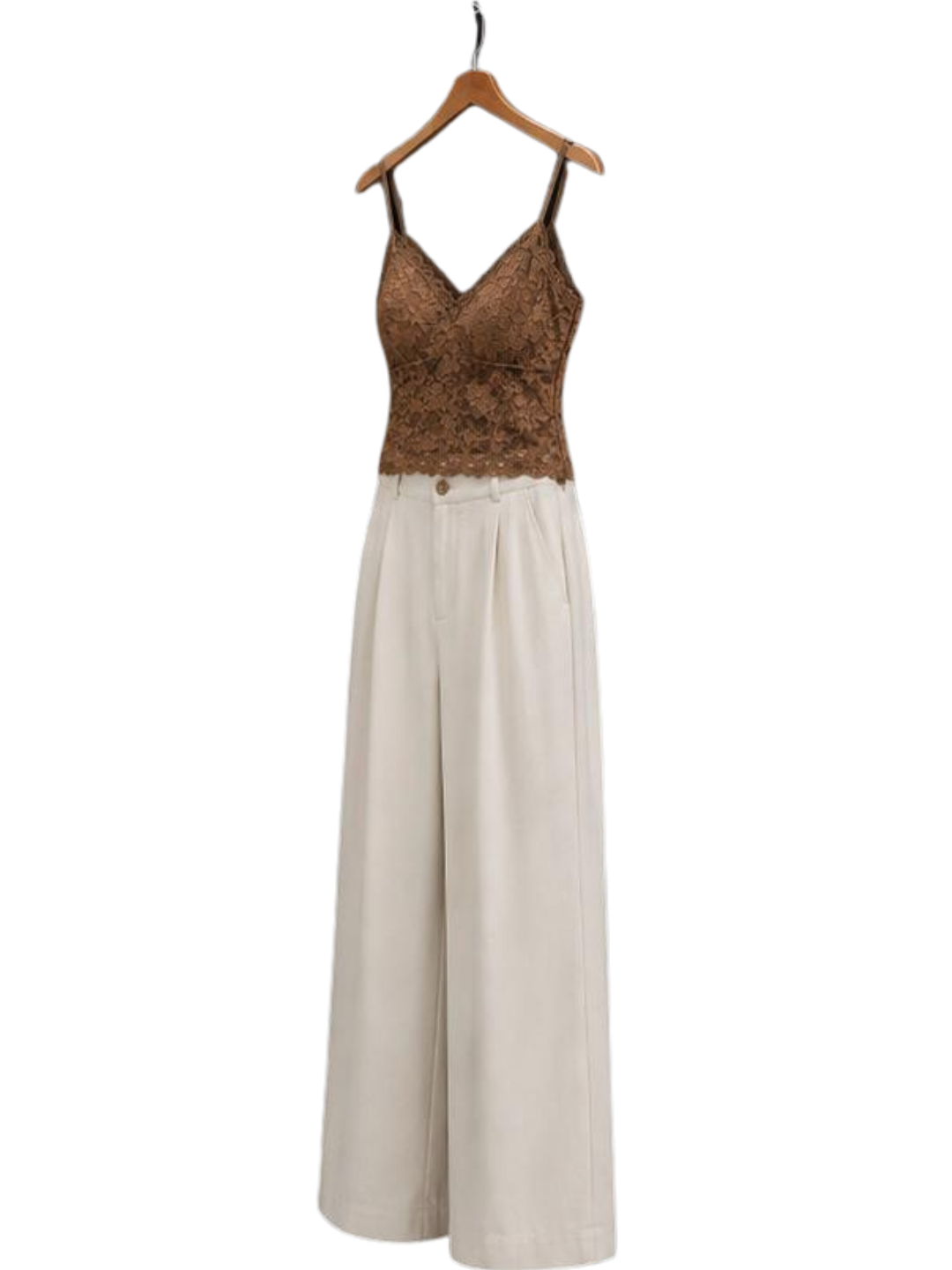 Brown Lace Top & Cream Wide-Leg Pants Set