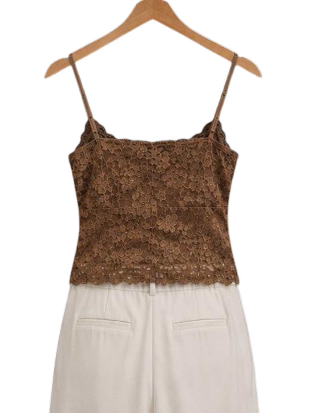 Brown Lace Top & Cream Wide-Leg Pants Set