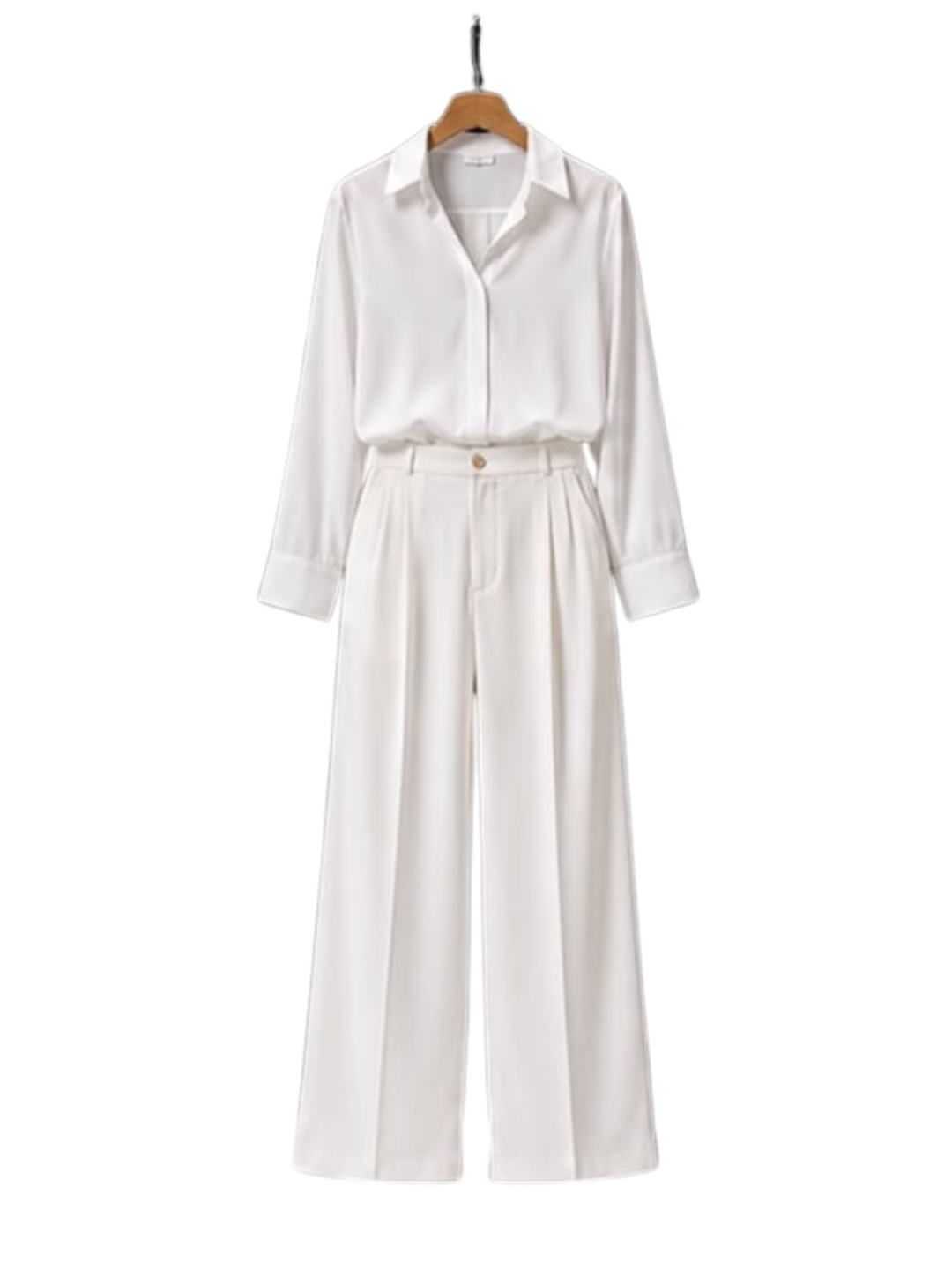 Classic White Satin Shirt & Wide-Leg Pants Set