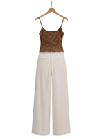 Brown Lace Top & Cream Wide-Leg Pants Set