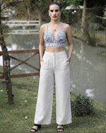 Blue Floral Crop Top & White Linen Pants Set