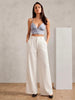 Blue Marble Crop Top & White Wide-Leg Pants Set