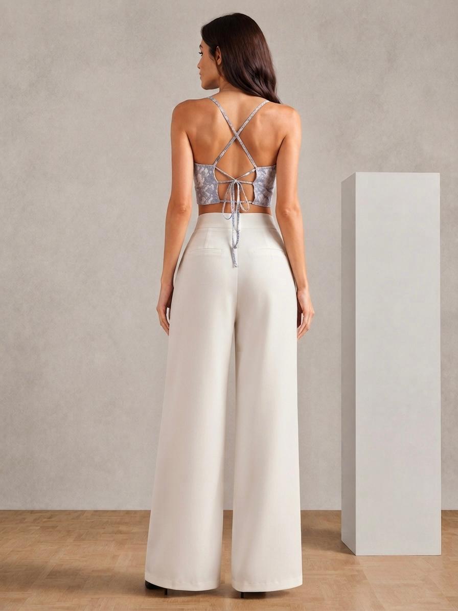 Blue Marble Crop Top & White Wide-Leg Pants Set