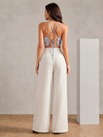 Blue Marble Crop Top & White Wide-Leg Pants Set