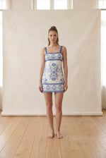 Blue Printed Linen-Blend Mini Dress