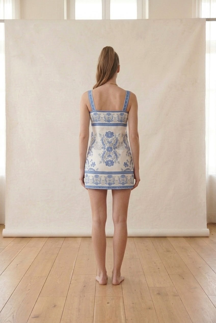 Blue Printed Linen-Blend Mini Dress